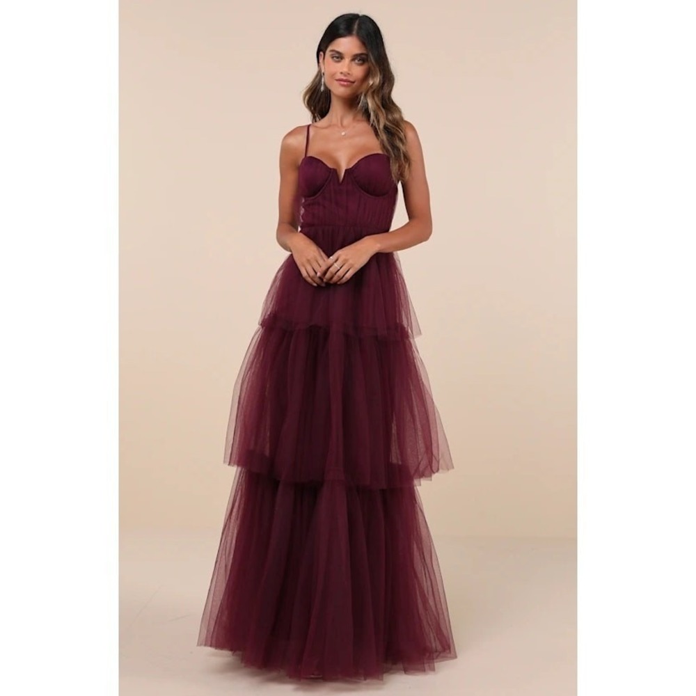 Lulus Unforgettable Poise Maxi Dress Women's XS Plum Purple Tulle Tiered NWT